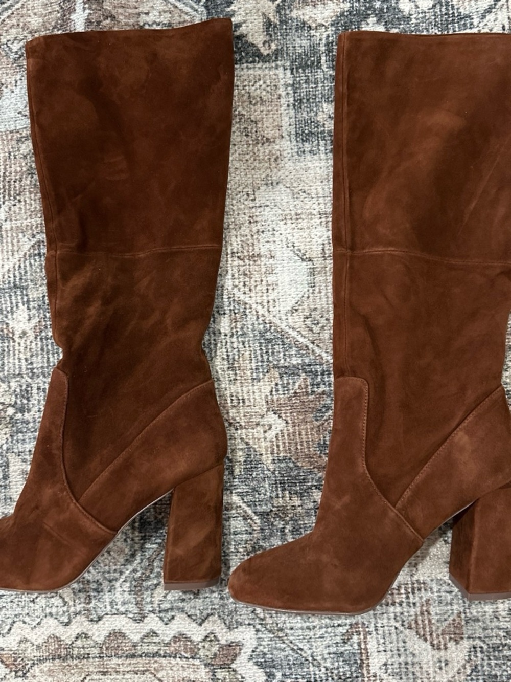 Brown Suede Knee-High Block Heel Boots